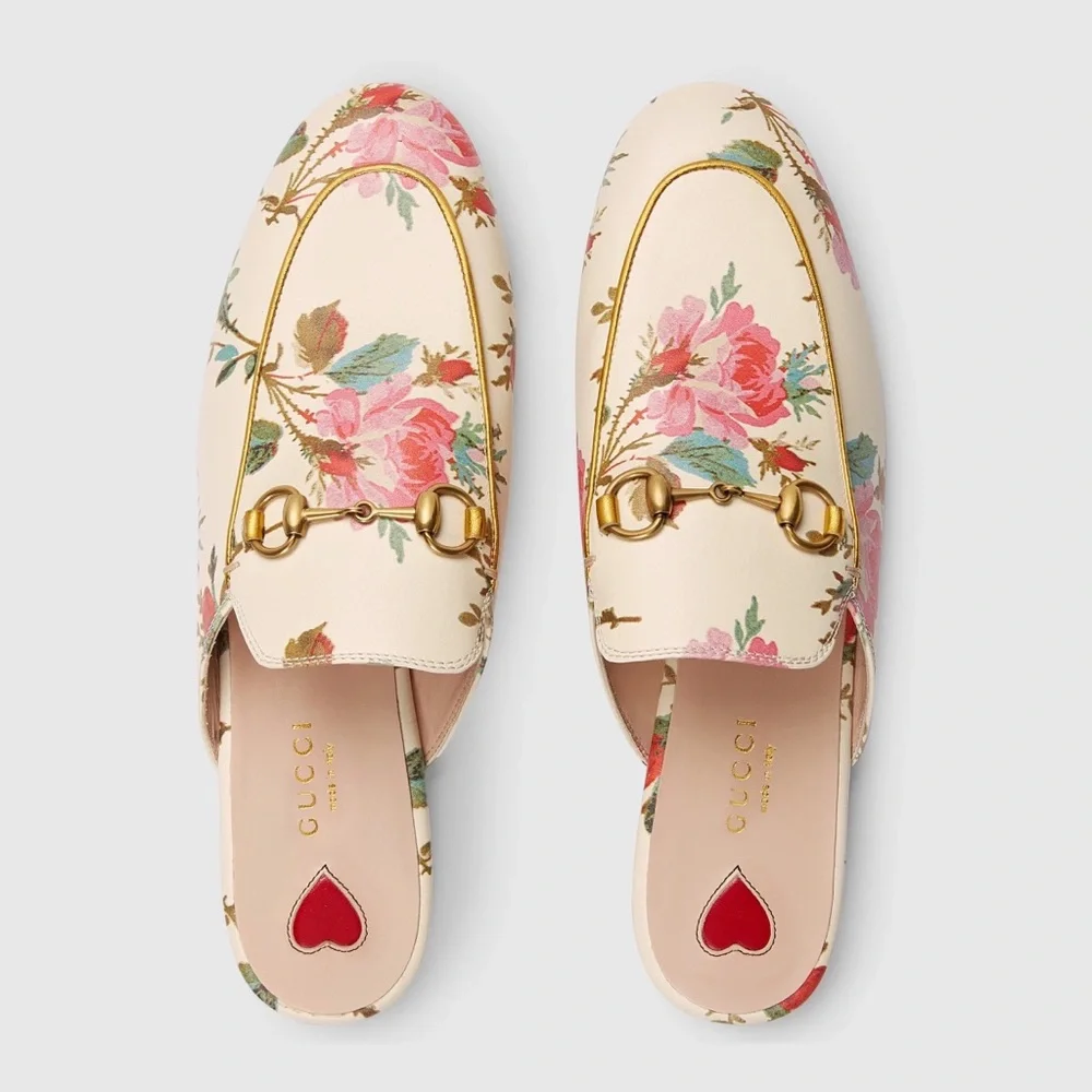$990 Gucci Made in Italy Calfskin Stamp Allover Rose Princetown Mules Size 6 - Picture 1 of 11